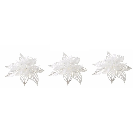 3x Kerstartikelen witte bloemen kerstboompiek 23 cm