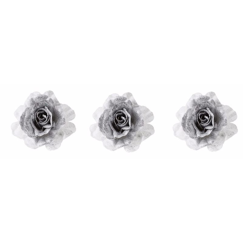3x Kerstartikelen zilver-witte bloemen kerstboompiek 18 cm