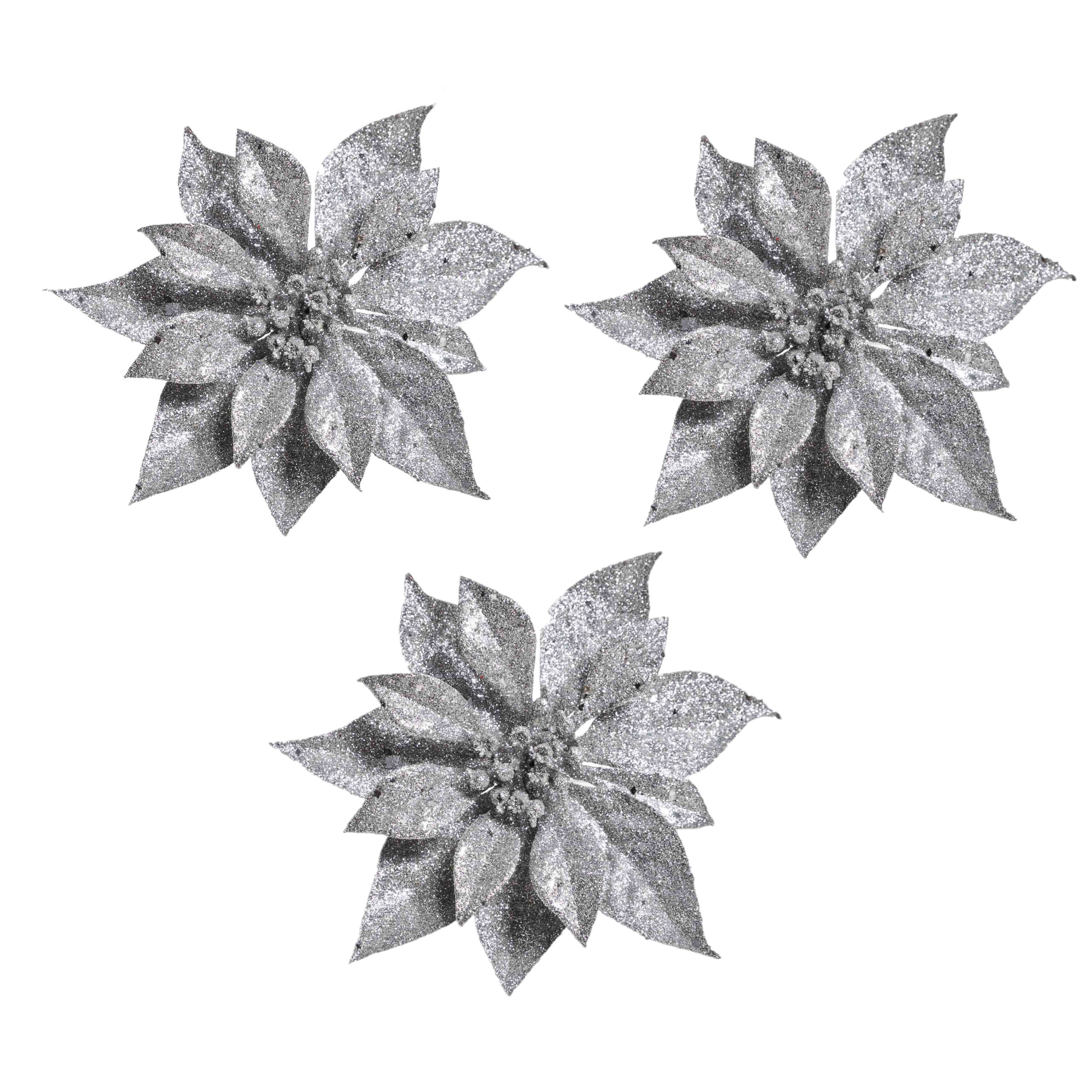 3x Kerstartikelen zilveren bloemen kerstboompiek 18 cm