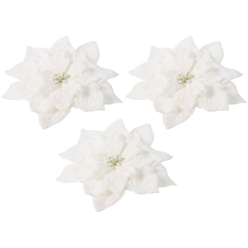 3x Kerstboomversiering op clip witte besneeuwde bloem 15 cm