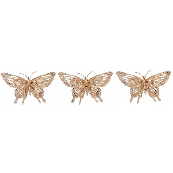 3x Kerstversiering vlinder goud-glitter 15 cm