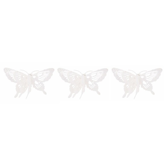 3x Kerstversiering vlinder wit-glitter 15 cm