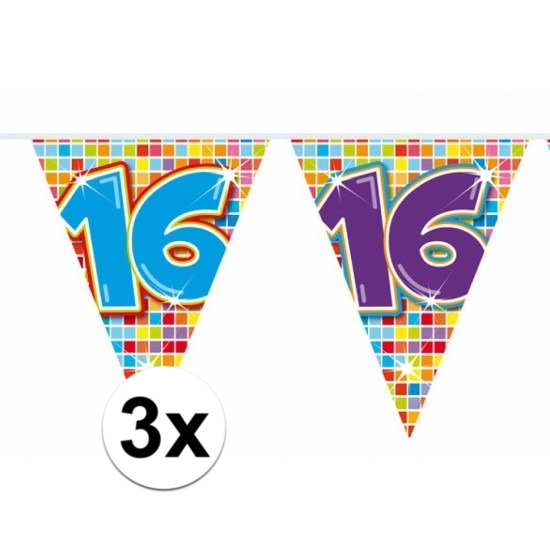 3x Mini vlaggenlijn-slinger verjaardag versiering 16 jaar