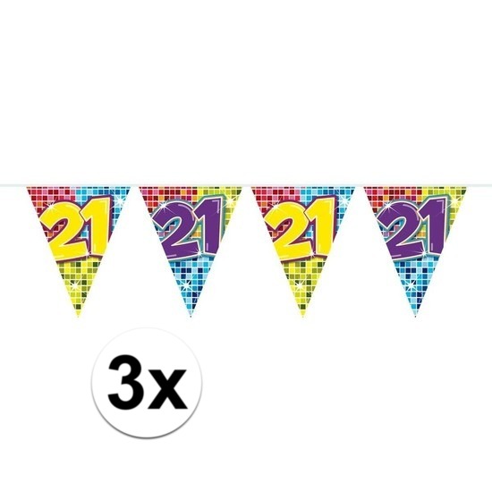 3x Mini vlaggenlijn-slinger verjaardag versiering 21 jaar