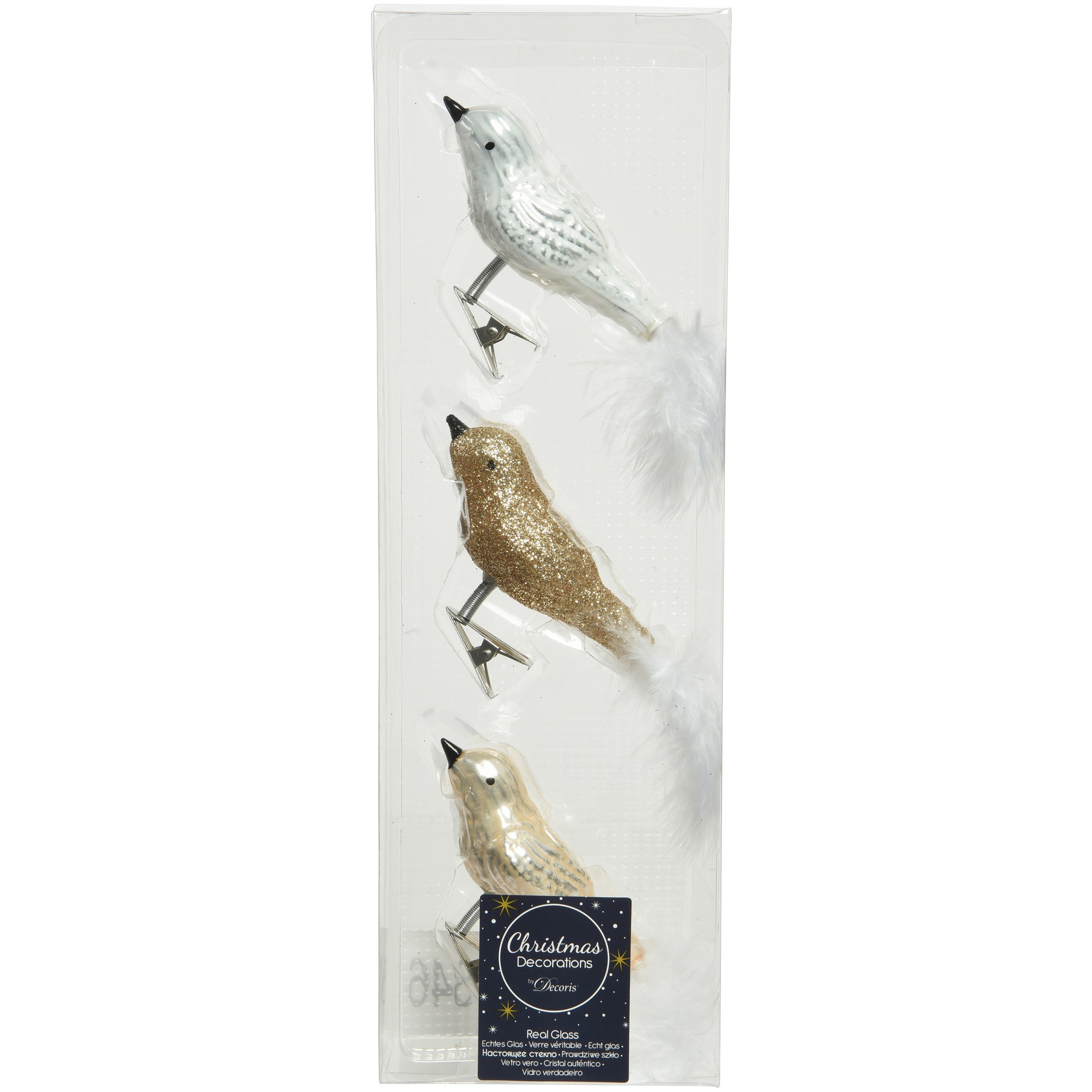 3x stuks glazen decoratie vogels op clip champagne-wit-bruin 8 cm