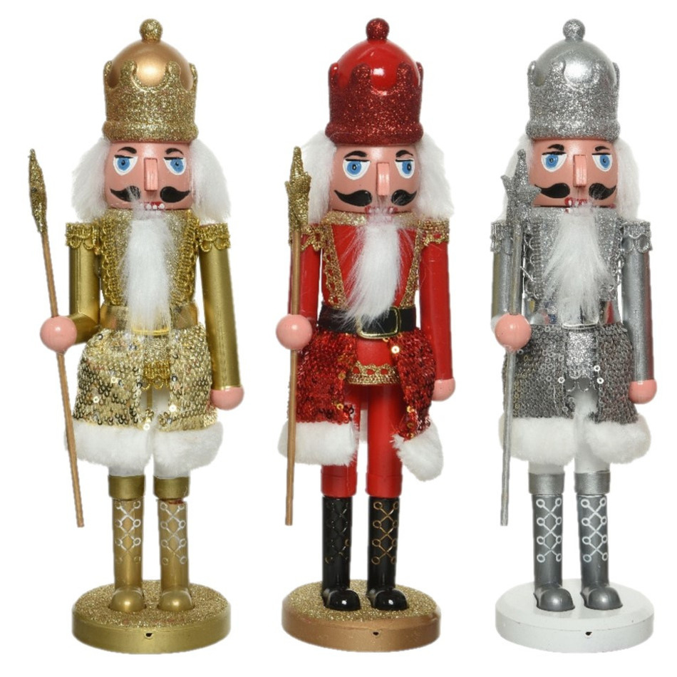 3x stuks kerstbeeldje kunststof notenkraker poppetje-soldaat rood-zilver-goud 28 cm kerstbeeldjes
