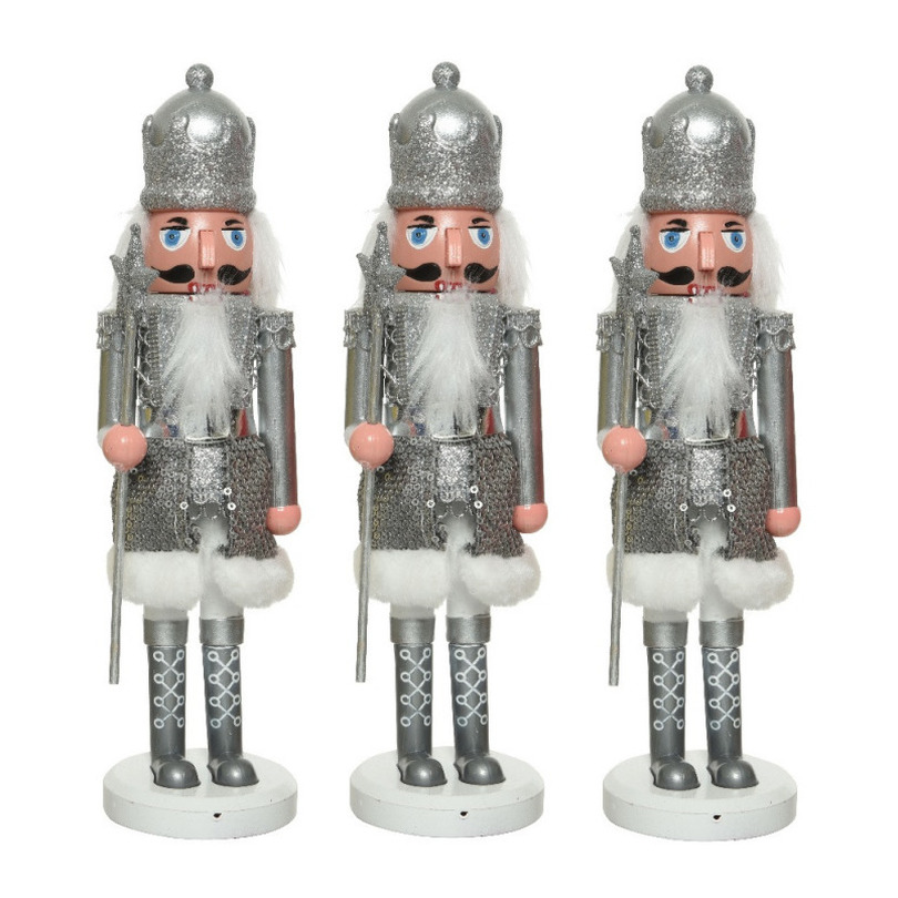 3x stuks kerstbeeldje kunststof notenkraker poppetjes-soldaten zilver 28 cm kerstbeeldjes
