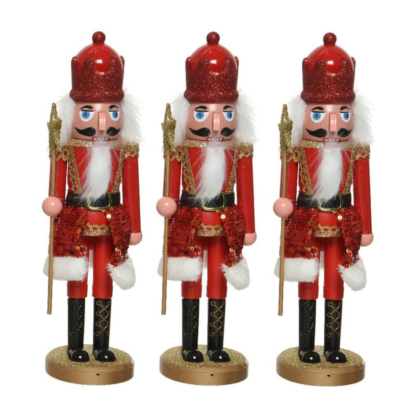 3x stuks kerstbeeldjes kunststof notenkraker poppetjes-soldaten rood 28 cm kerstbeeldjes