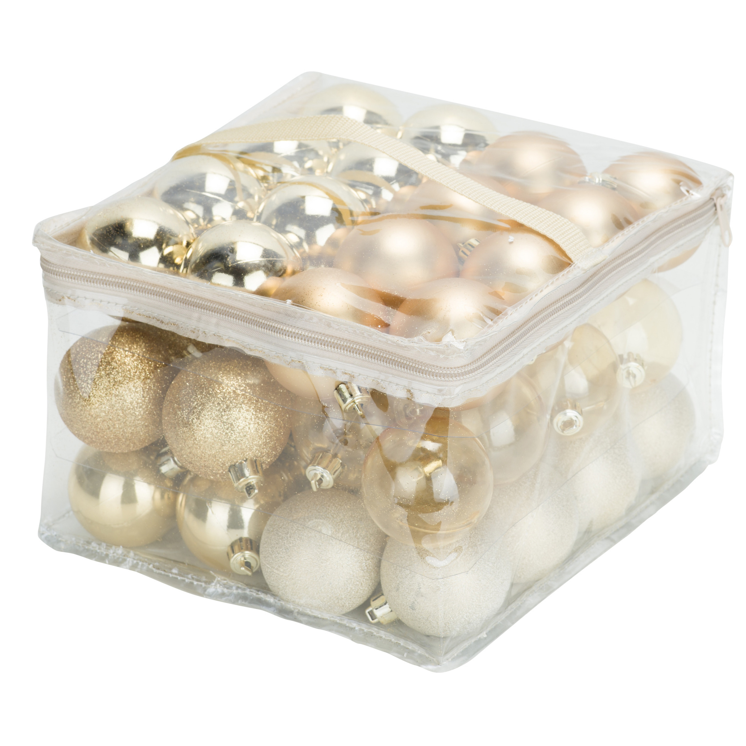 48x stuks kunststof kerstballen goud 6 cm in opbergtas-opbergbox