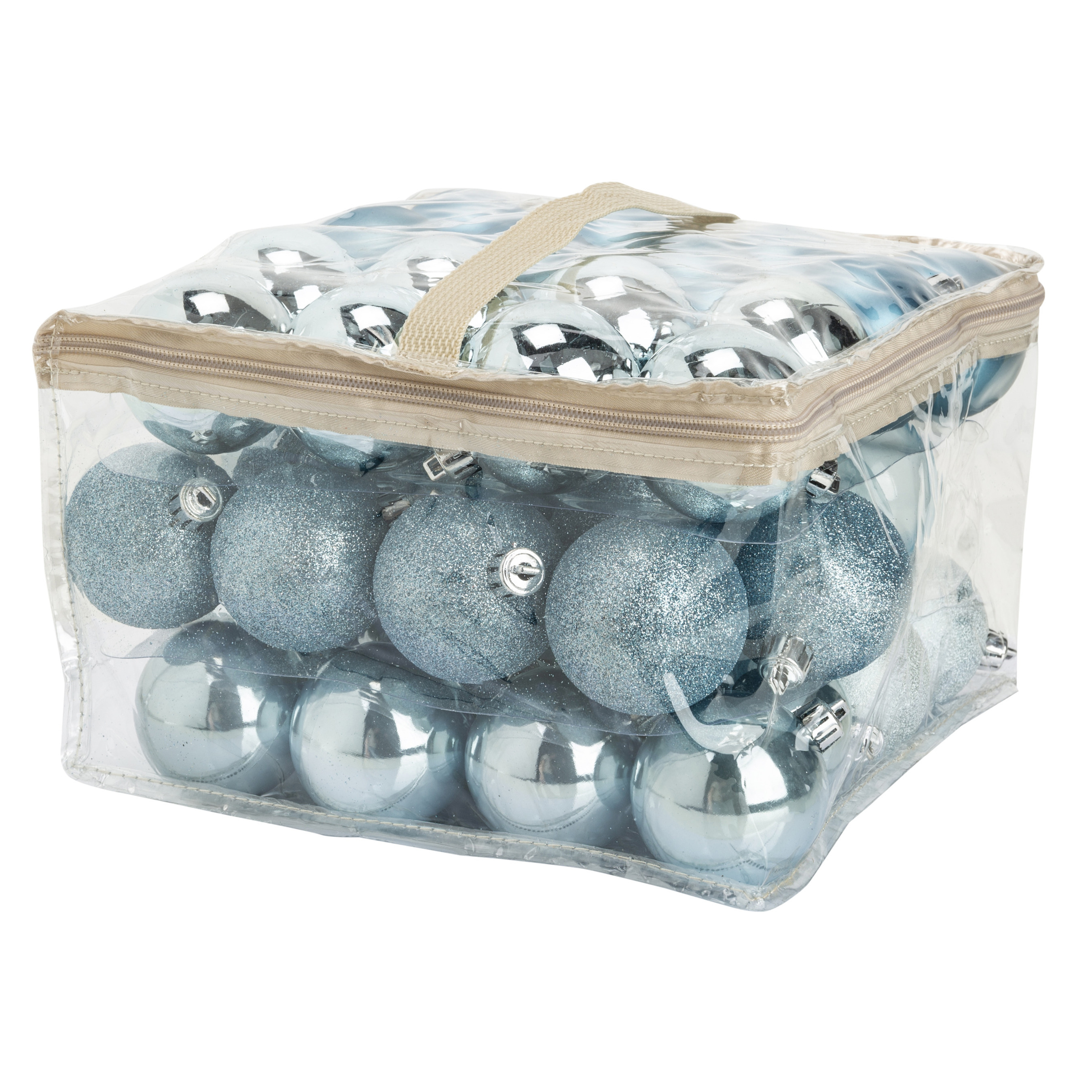 48x stuks kunststof kerstballen ijsblauw 6 cm in opbergtas-opbergbox