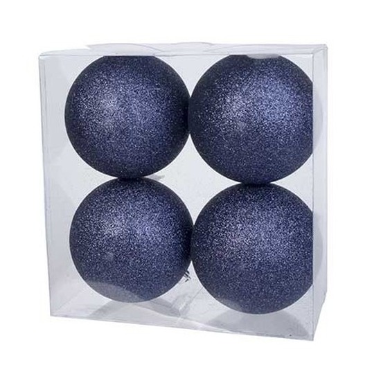4x Donkerblauwe glitter kerstballen 10 cm kunststof