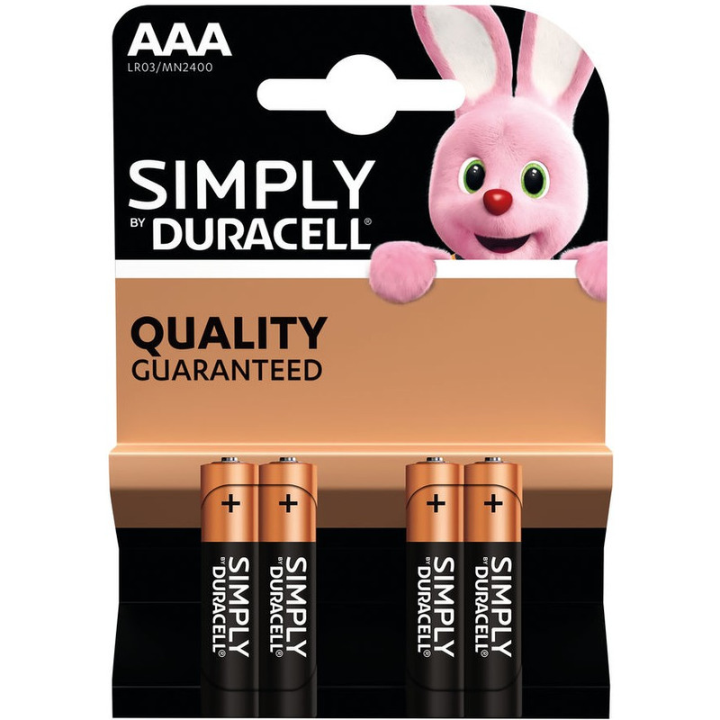 4x Duracell AAA Simply batterijen alkaline LR03 MN2400 1.5 V