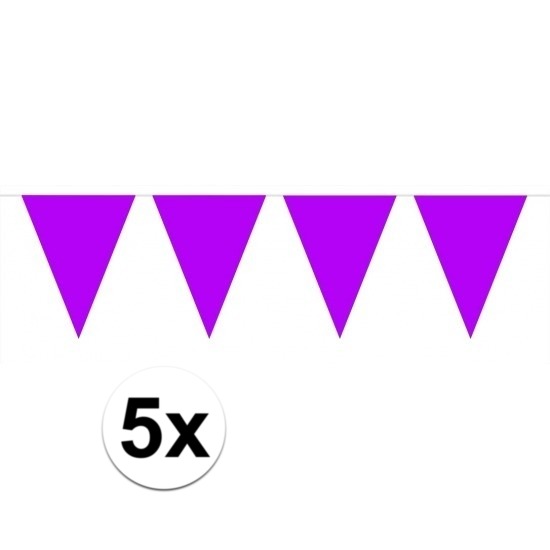 5 stuks paarse slingers met vlaggetjes 10 meter