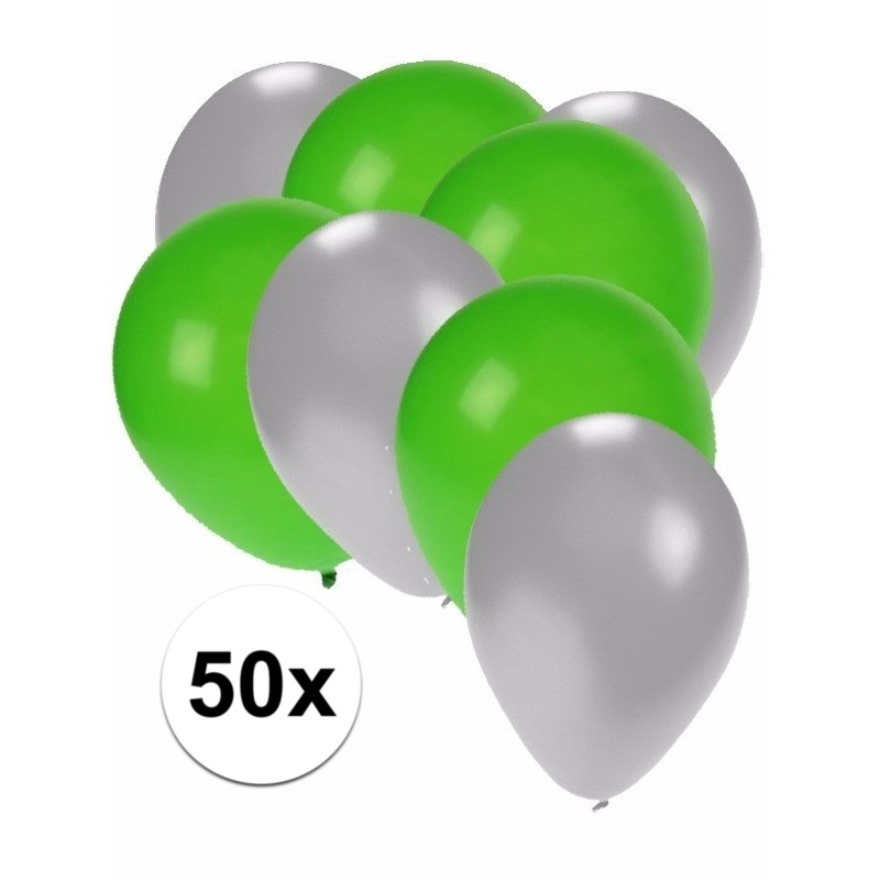 50x ballonnen 27 cm zilver-groene versiering