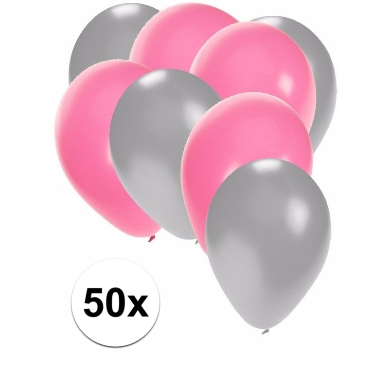 50x ballonnen 27 cm zilver-lichtroze versiering