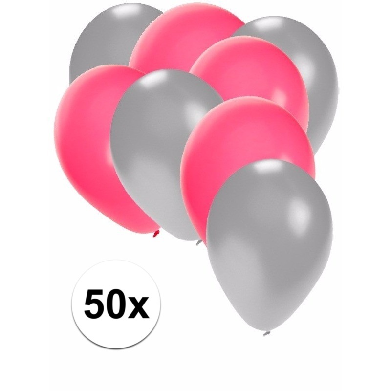 50x ballonnen 27 cm zilver-roze versiering