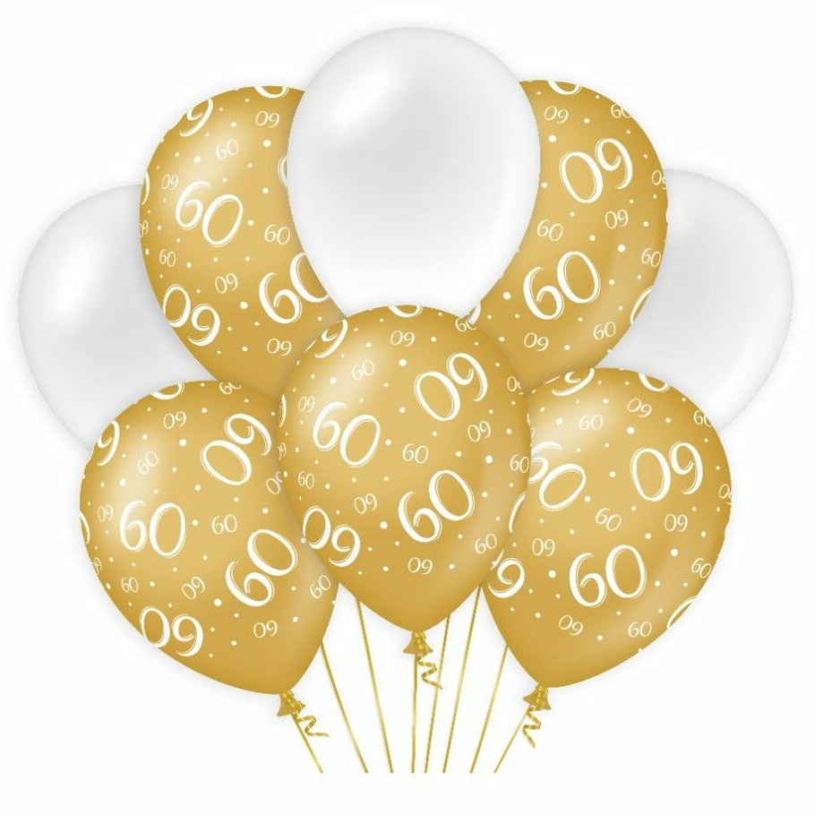 60 jaar leeftijd thema Ballonnen 8x goud-wit Verjaardag Versiering-feestartikelen