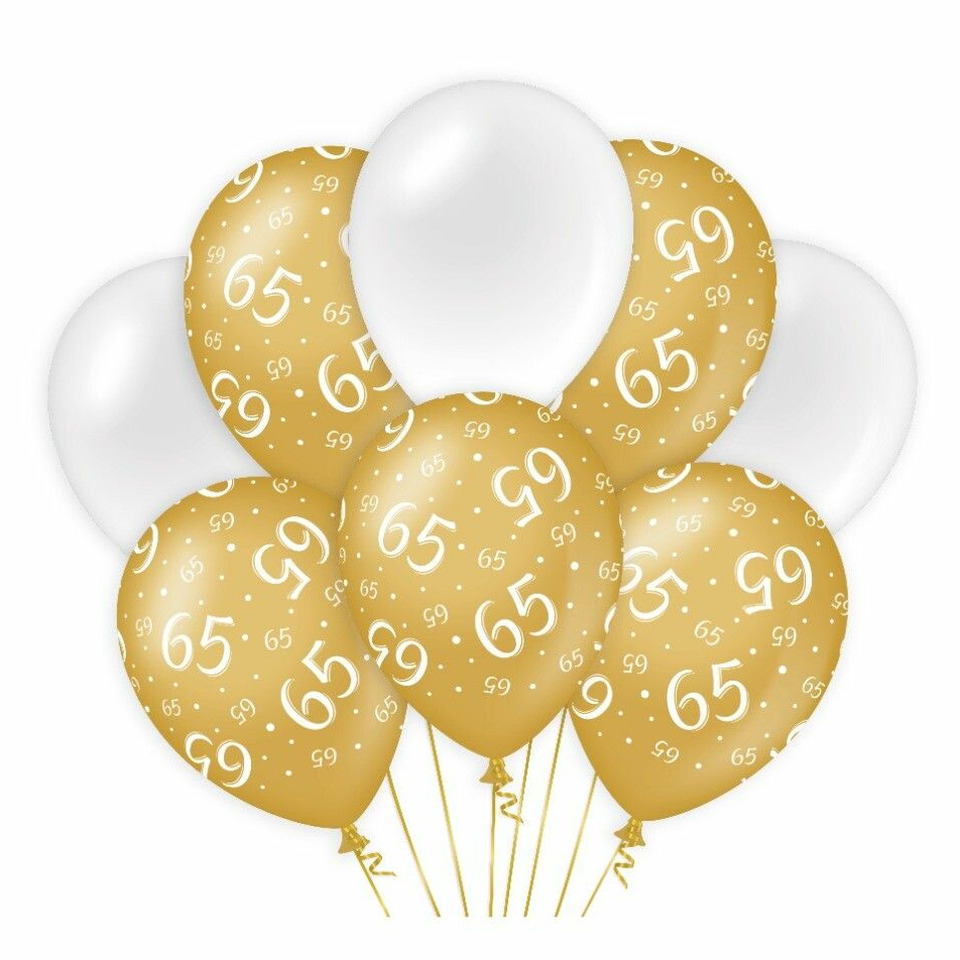 65 jaar leeftijd thema Ballonnen 8x goud-wit Verjaardag Versiering-feestartikelen