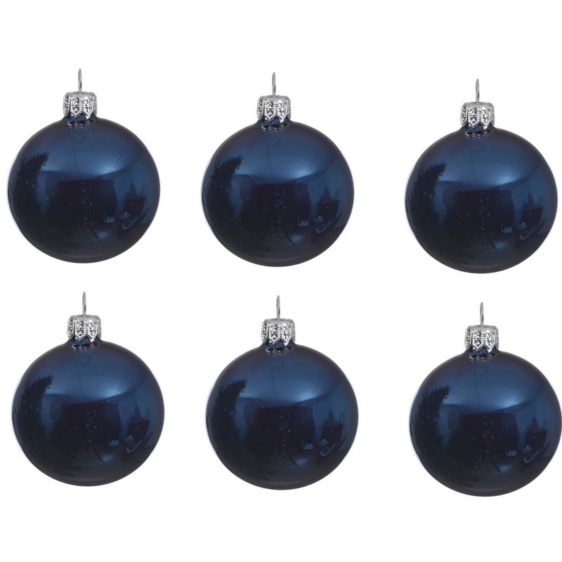 6x Donkerblauwe glazen kerstballen 8 cm glans
