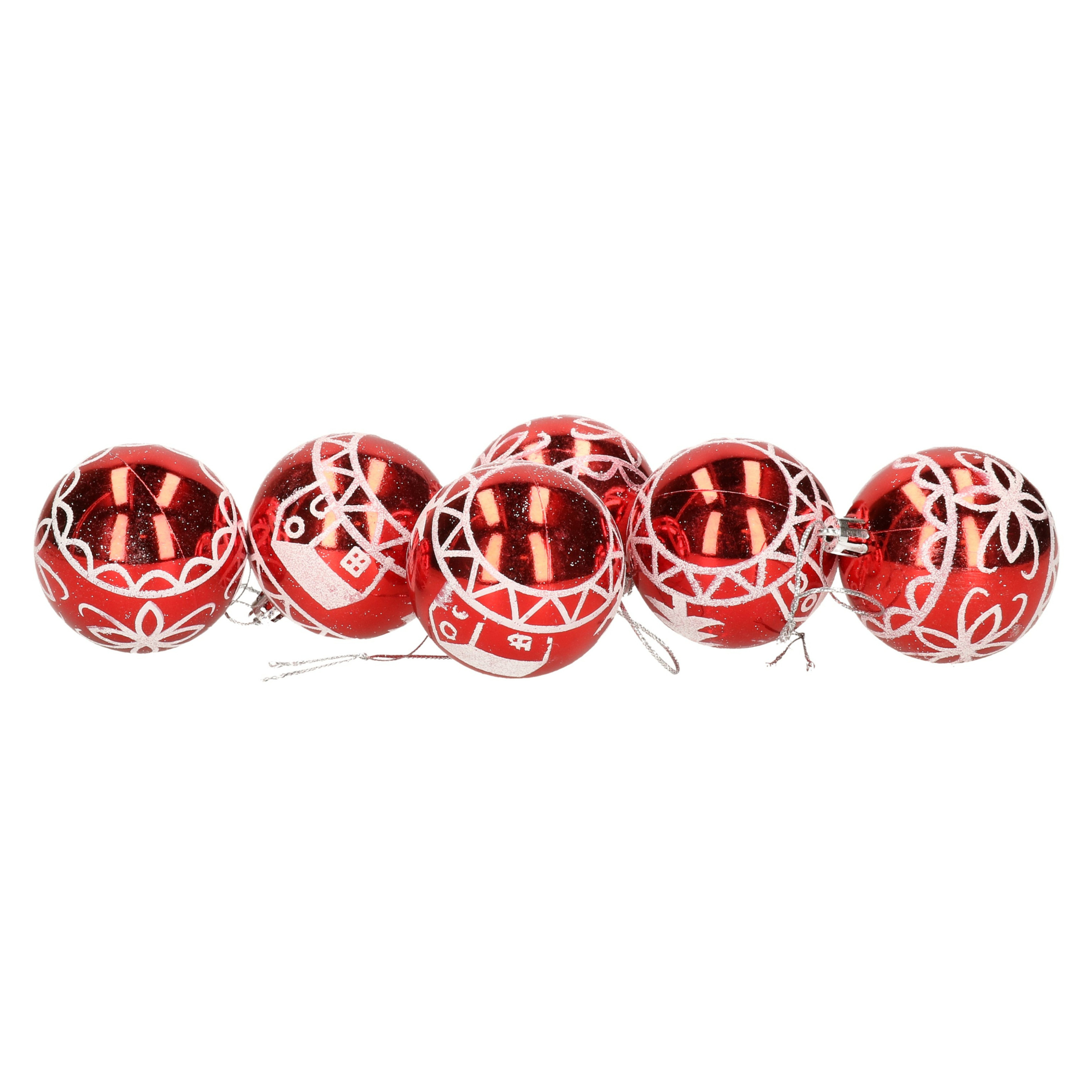 6x stuks gedecoreerde kerstballen rood kunststof 6 cm