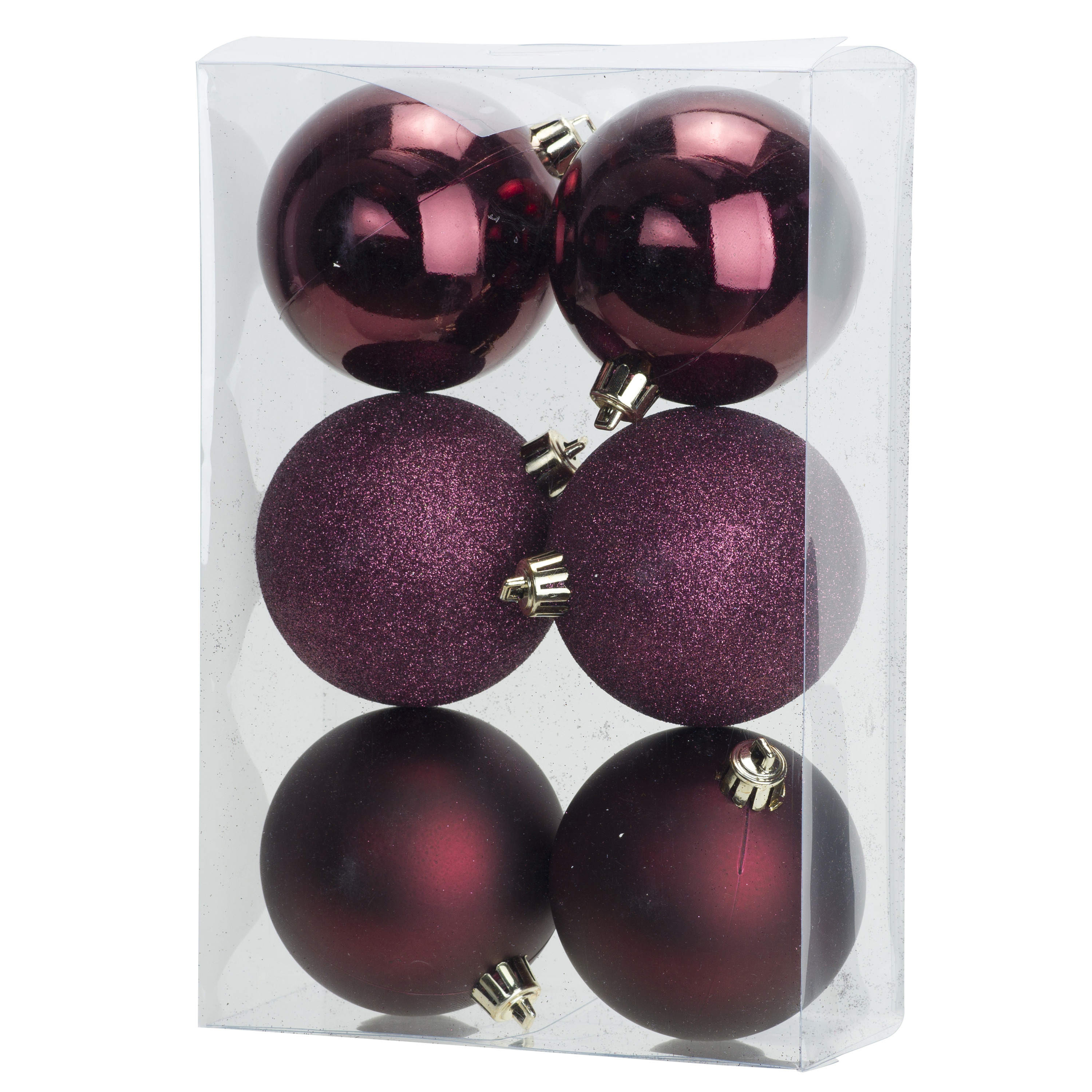 6x stuks kunststof kerstballen aubergine roze 8 cm mat-glans-glitter