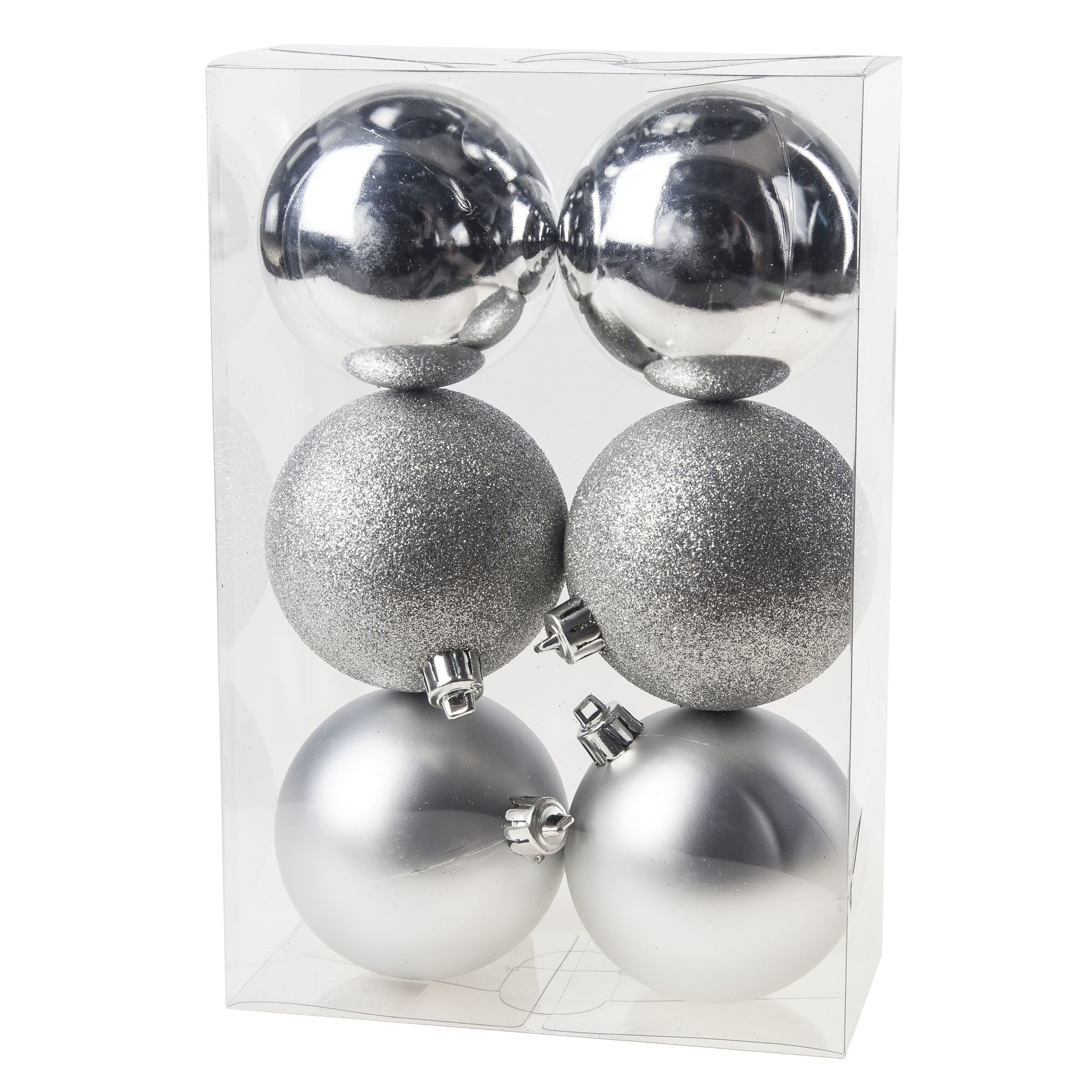 6x Zilveren kerstballen 8 cm kunststof mat-glans-glitter