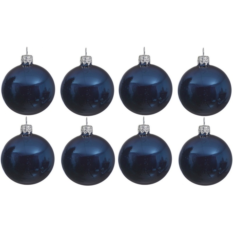 8x Donkerblauwe glazen kerstballen 10 cm glans
