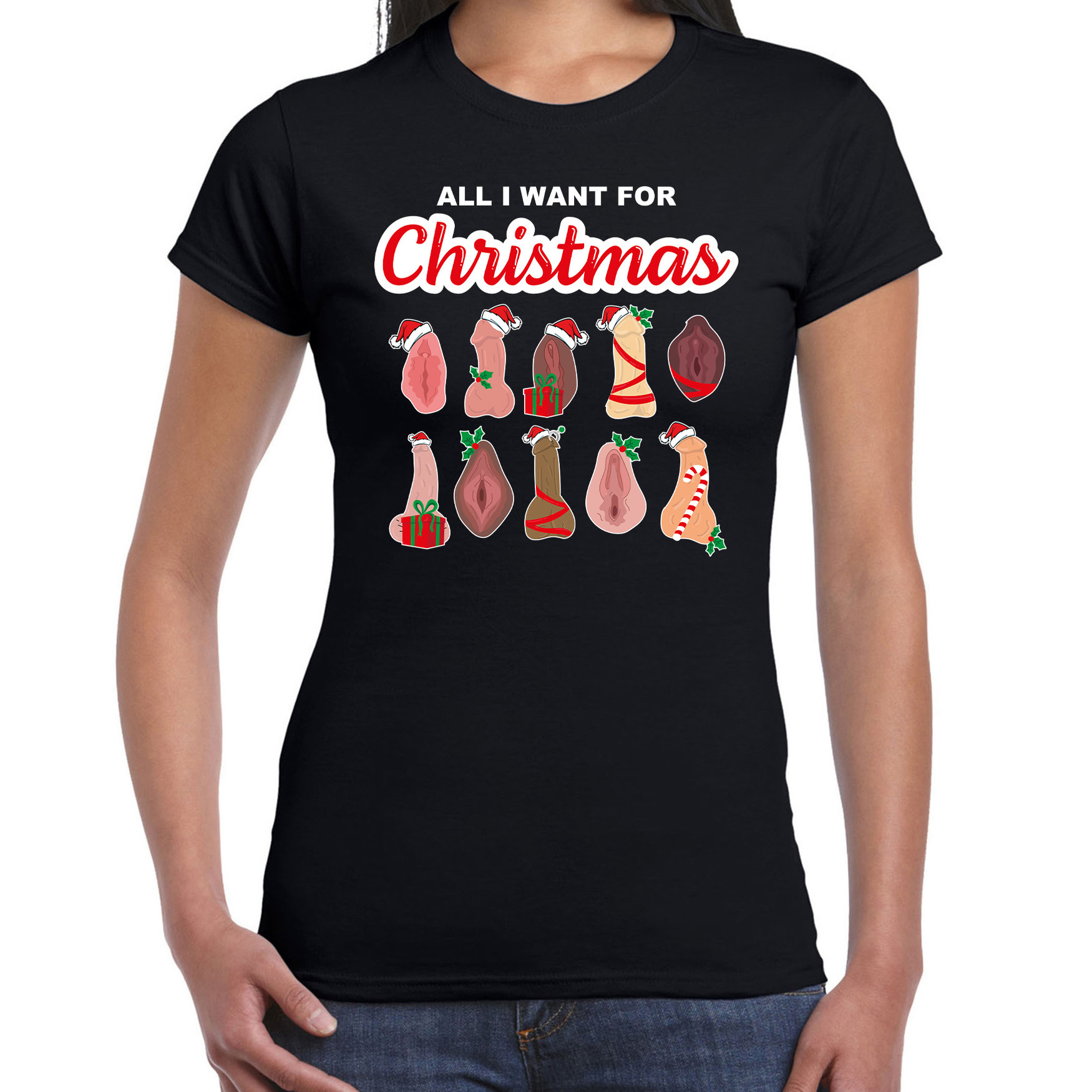All I want for Christmas - piemels - vaginas fout Kerst t-shirt zwart voor dames