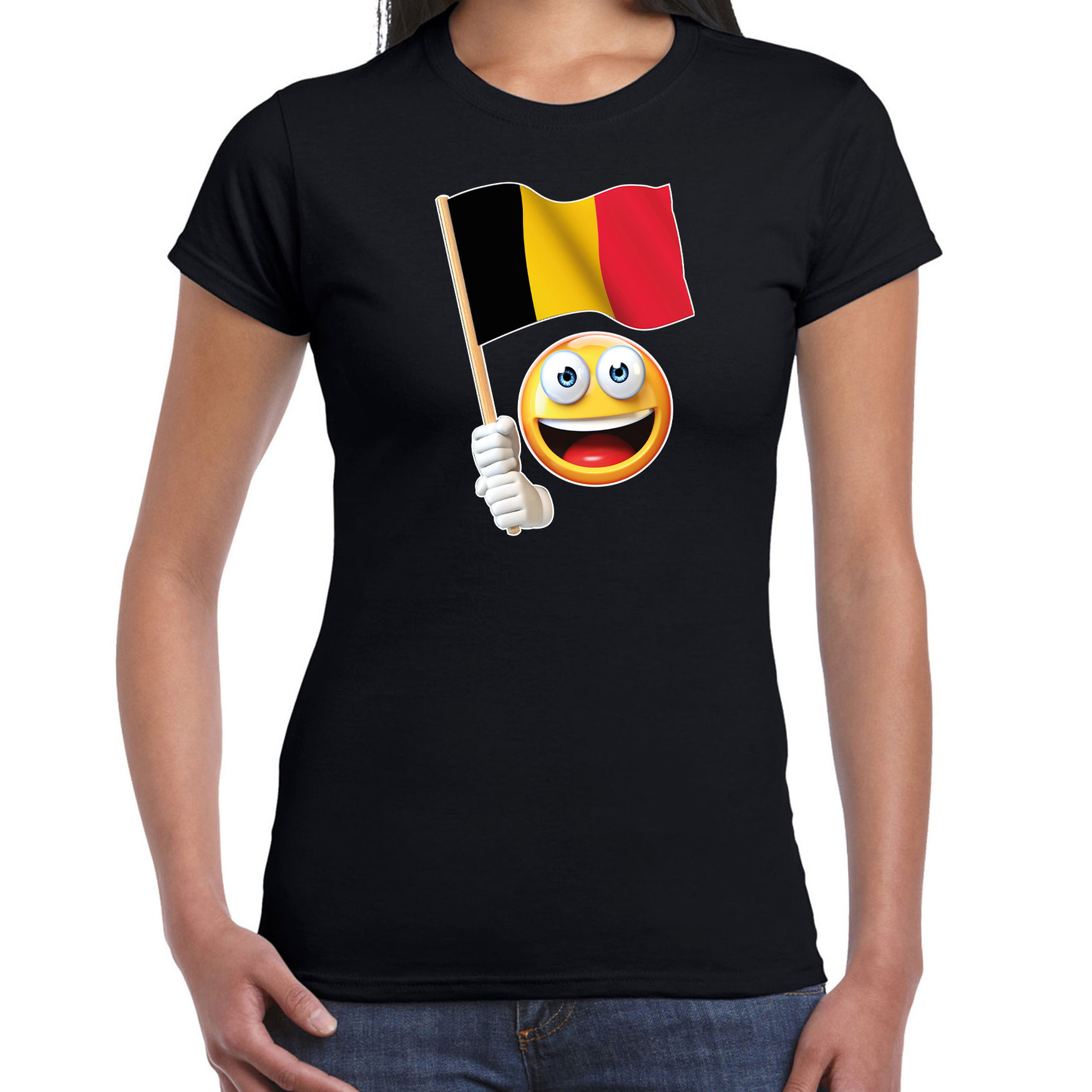 Belgie supporter - fan emoticon t-shirt zwart voor dames