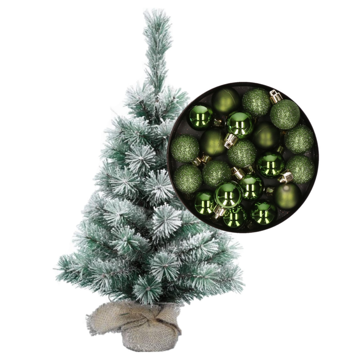 Besneeuwde mini kerstboom-kunst kerstboom 35 cm met kerstballen groen
