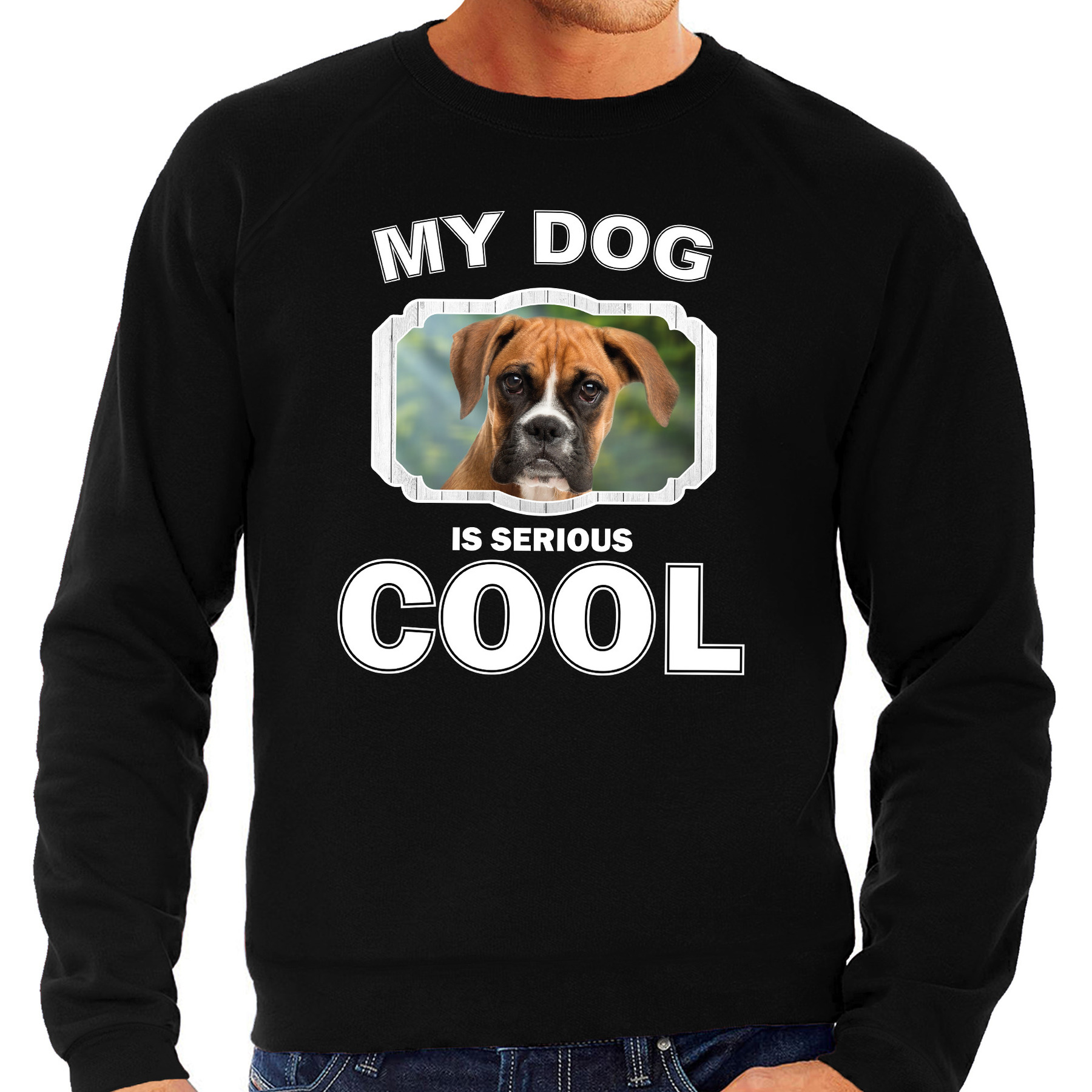 Boxer honden sweater-trui my dog is serious cool zwart voor heren