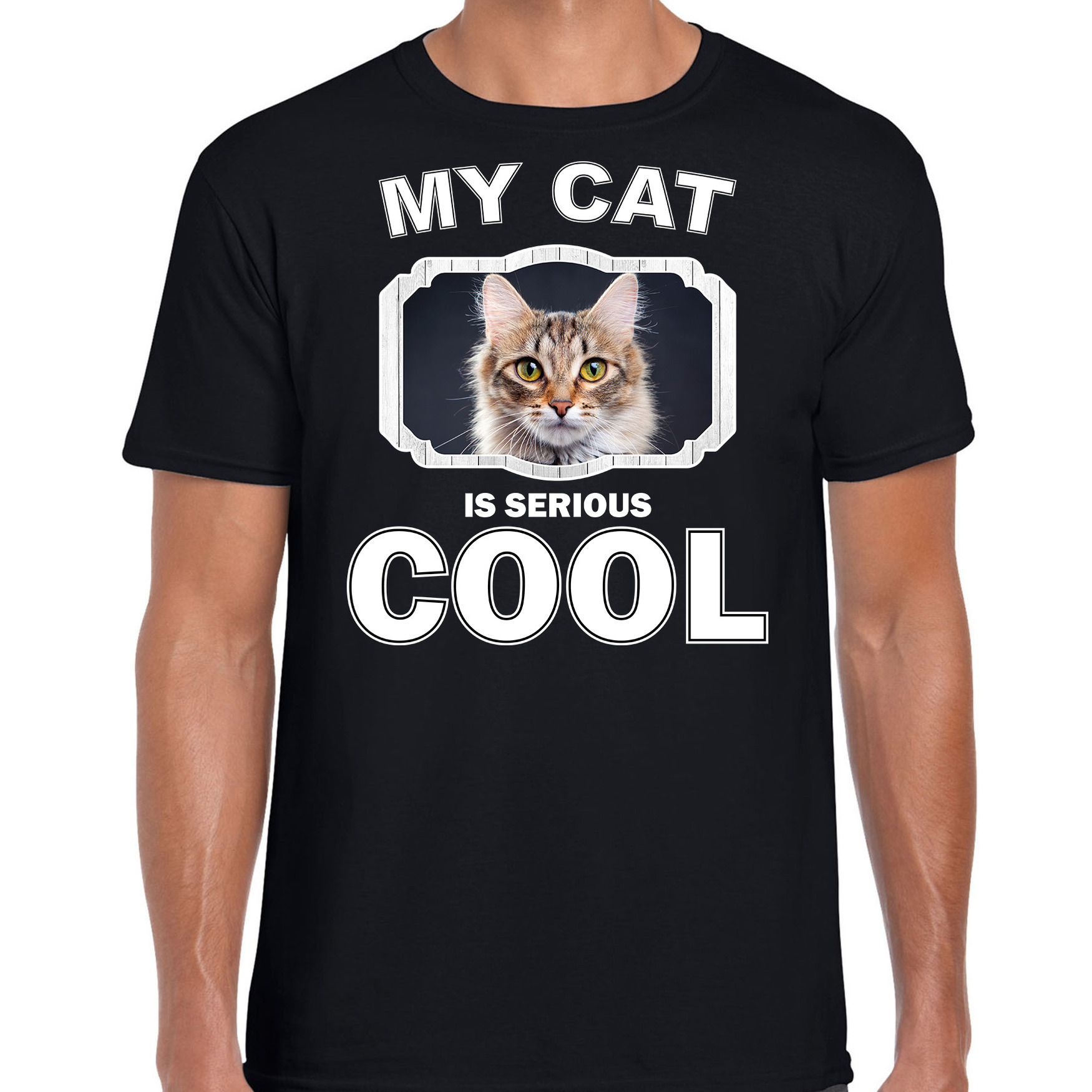 Bruine kat katten / poezen t-shirt my cat is serious cool zwart voor heren