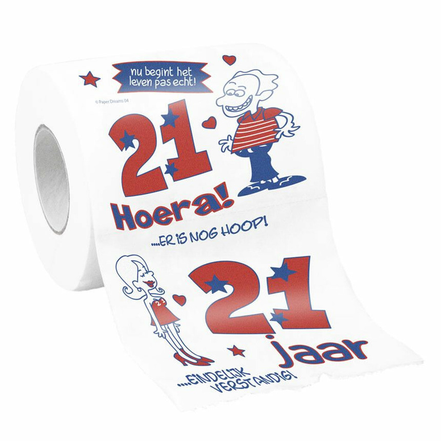 Cadeau toiletpapier rol 21 jaar verjaardag versiering-decoratie