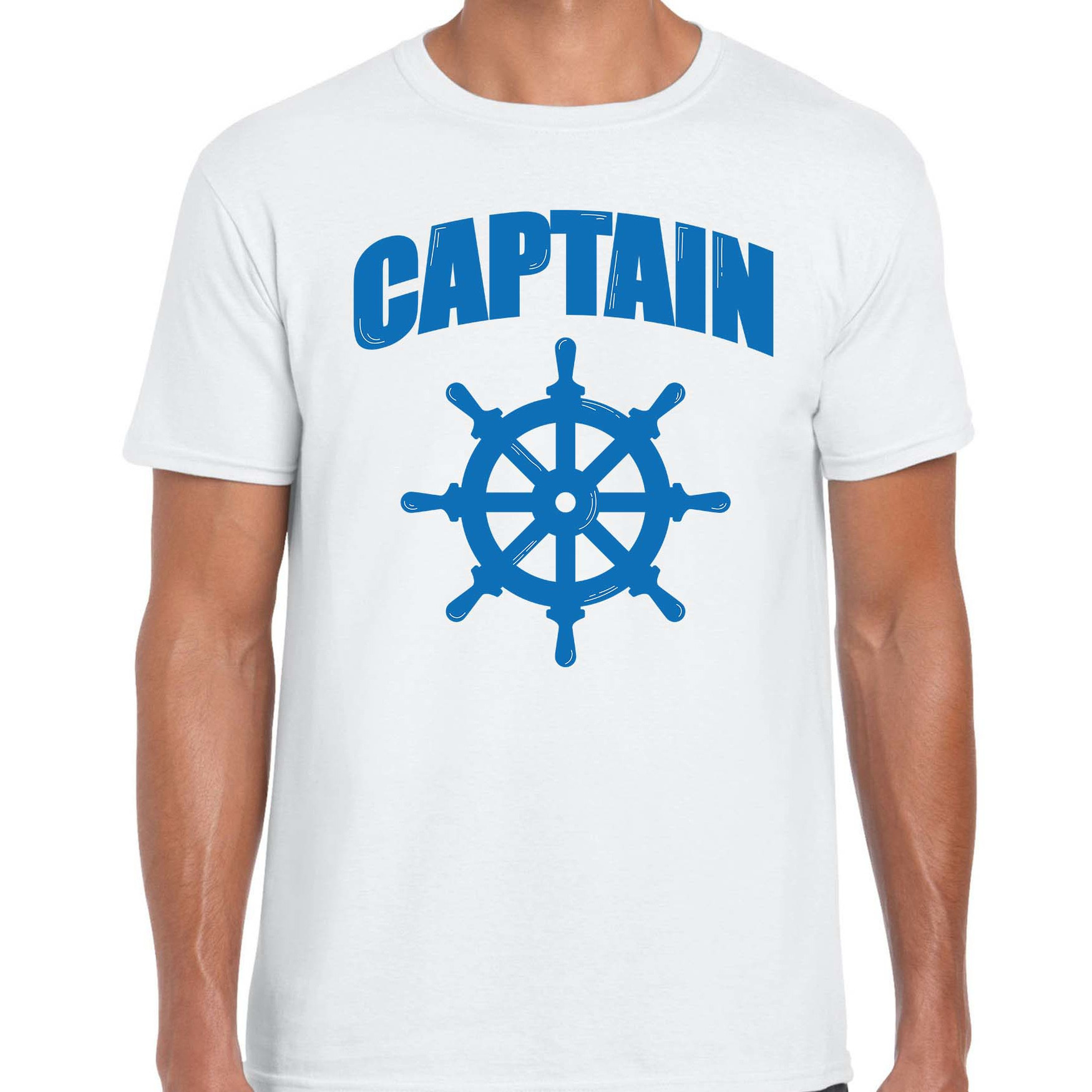 Captain-kapitein met roer-stuur verkleed t-shirt wit voor heren