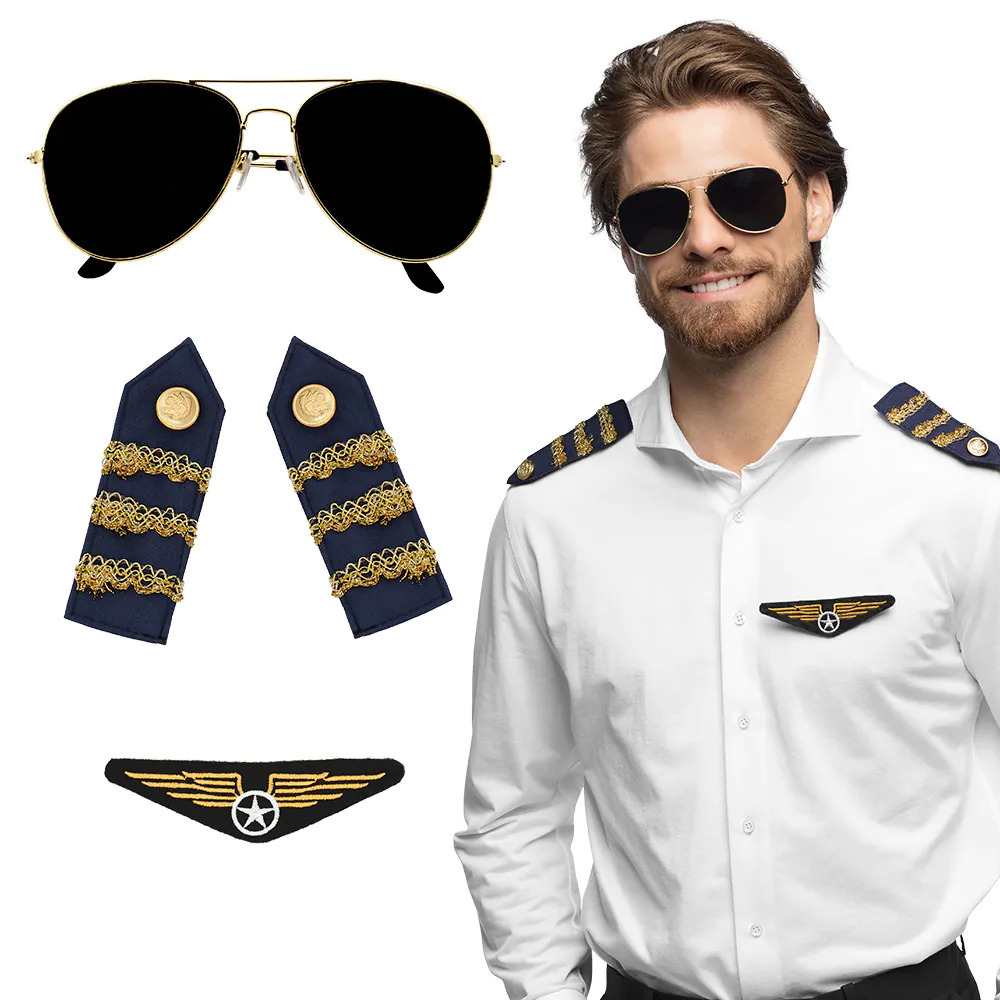 Carnaval verkleed set Piloot zonnebril-badge-schouderstukken volwassenen