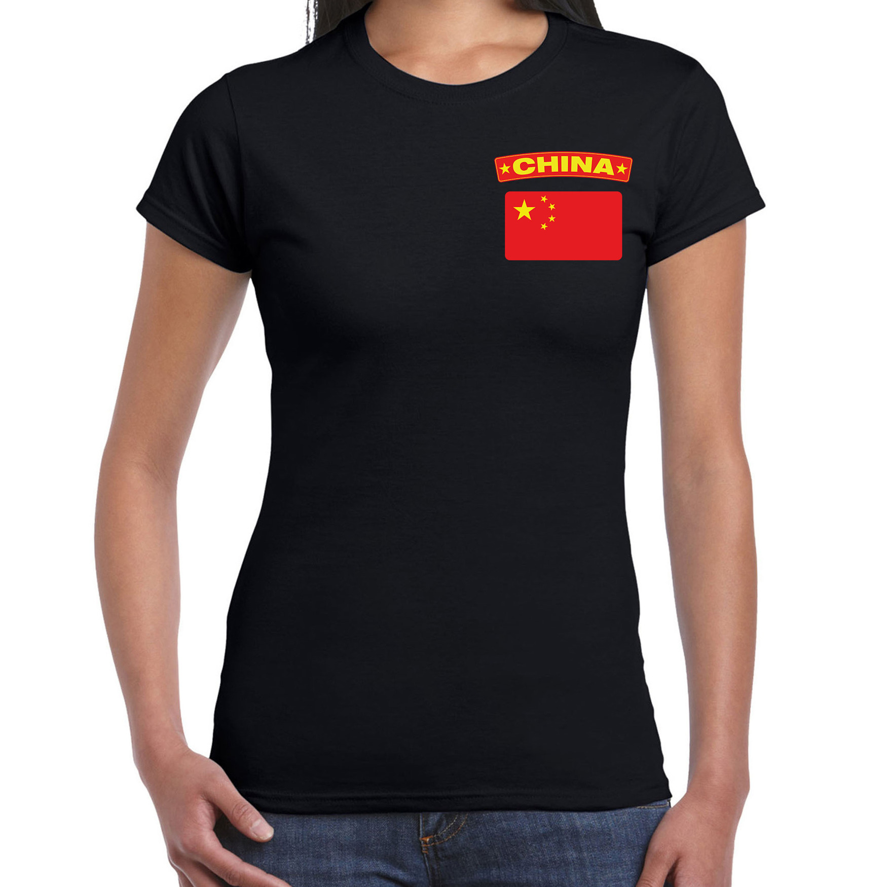 China t-shirt met vlag zwart op borst voor dames