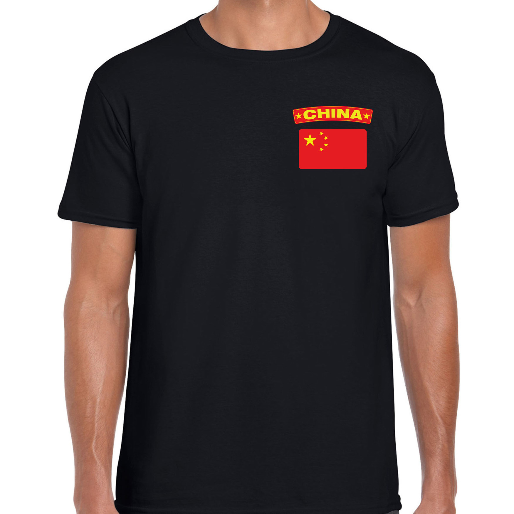 China t-shirt met vlag zwart op borst voor heren