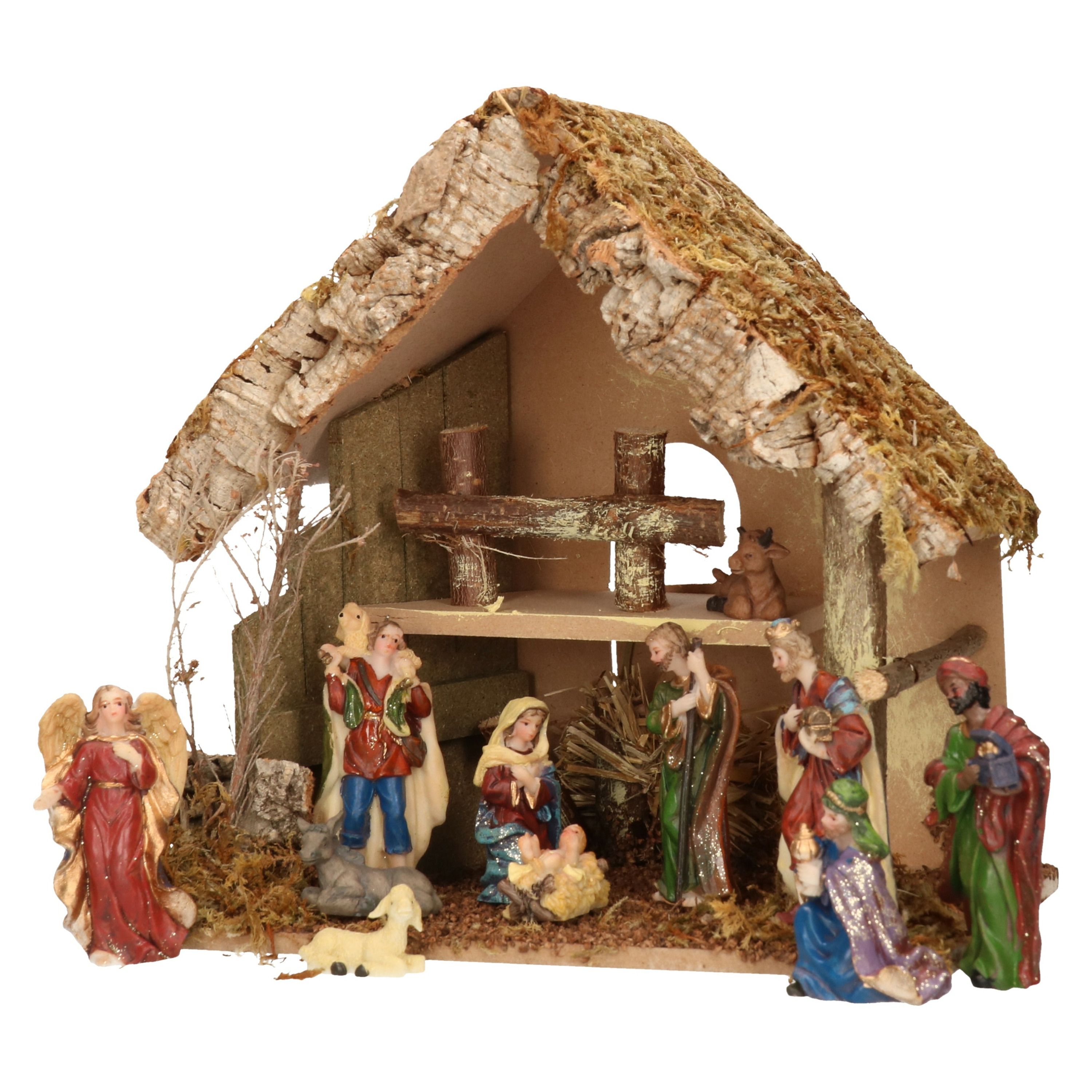 Complete kerststal met kerststal beelden 30 x 18 x 26 cm hout-mos-polyresin