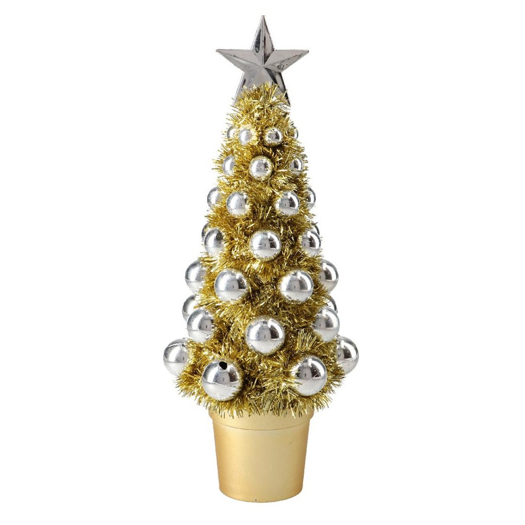 Complete mini kunst kerstboompje-kunstboompje goud-zilver met kerstballen 30 cm