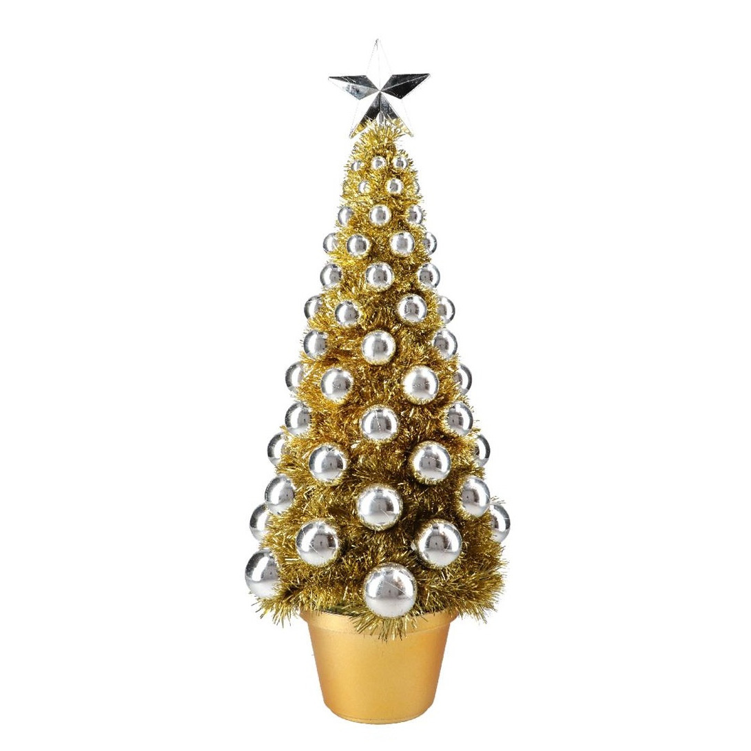 Complete mini kunst kerstboompje-kunstboompje goud-zilver met kerstballen 50 cm