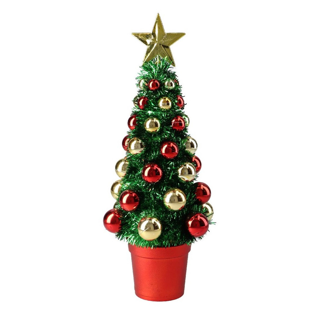 Complete mini kunst kerstboompje-kunstboompje groen-goud-rood met kerstballen 30 cm