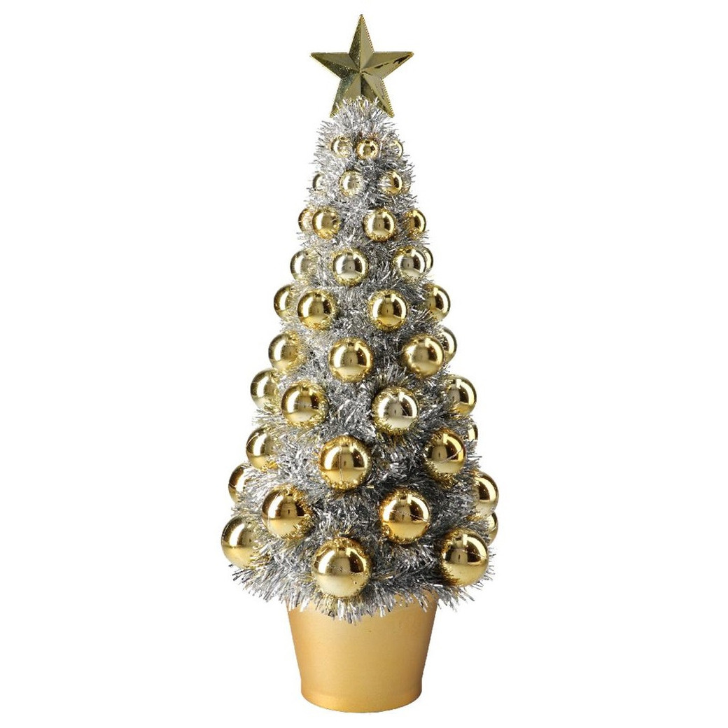 Complete mini kunst kerstboompje-kunstboompje zilver-goud met kerstballen 40 cm
