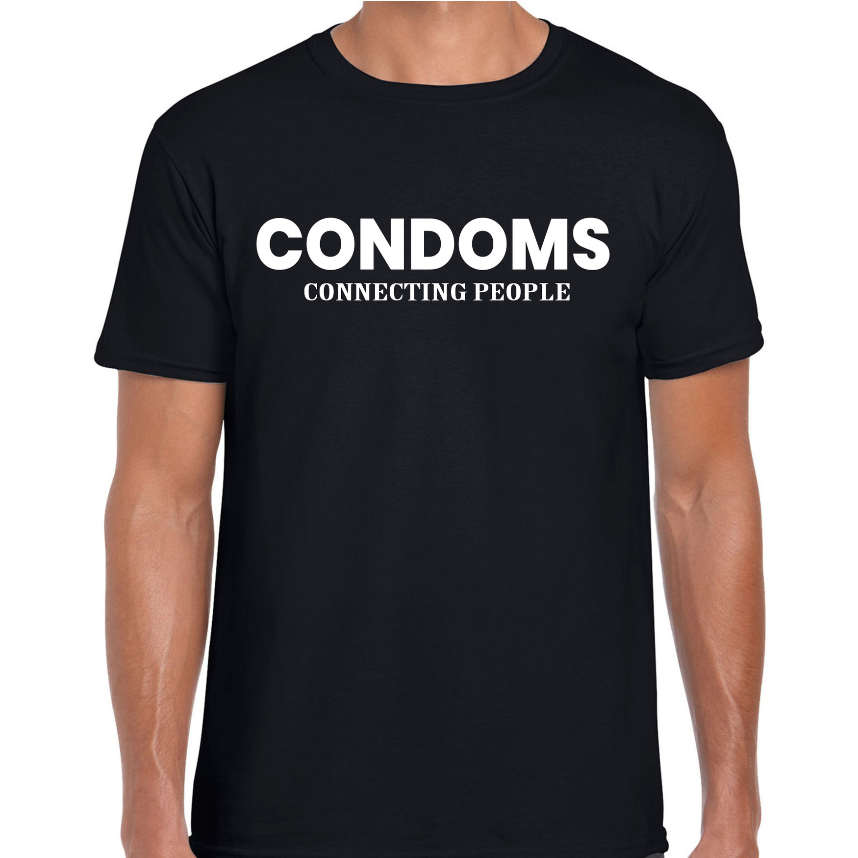 Condoms connecting people condooms fun tekst t-shirt zwart voor heren