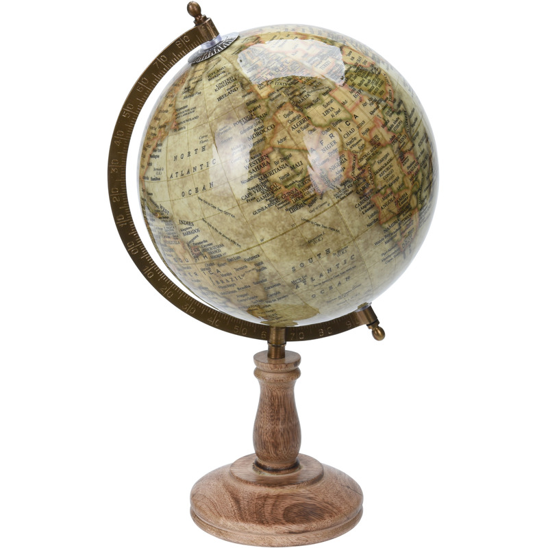 Decoratie wereldbol-globe beige op mangohouten voet 23 x 38 cm