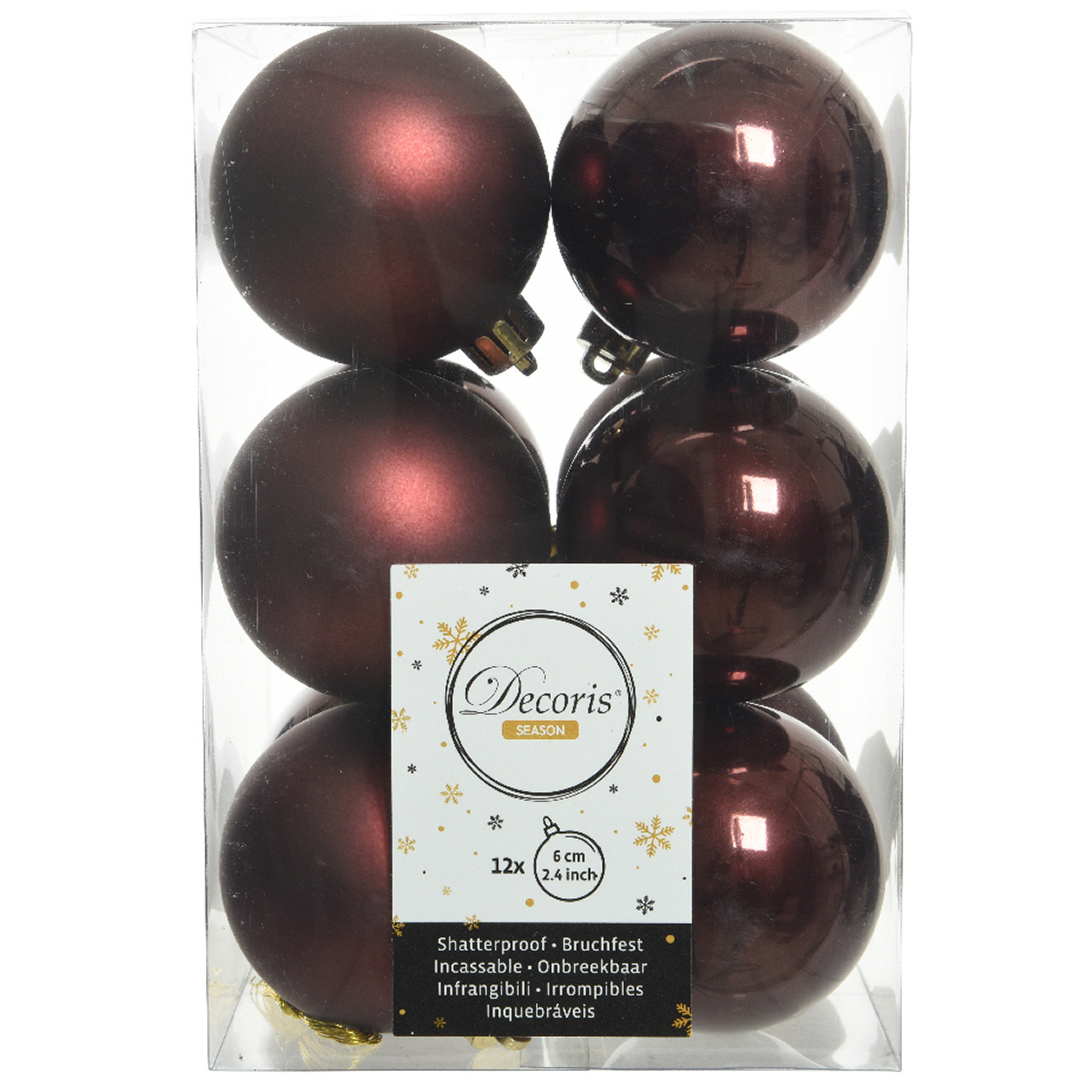Decoris kerstballen 12x stuks mahonie bruin kunststof 6 cm