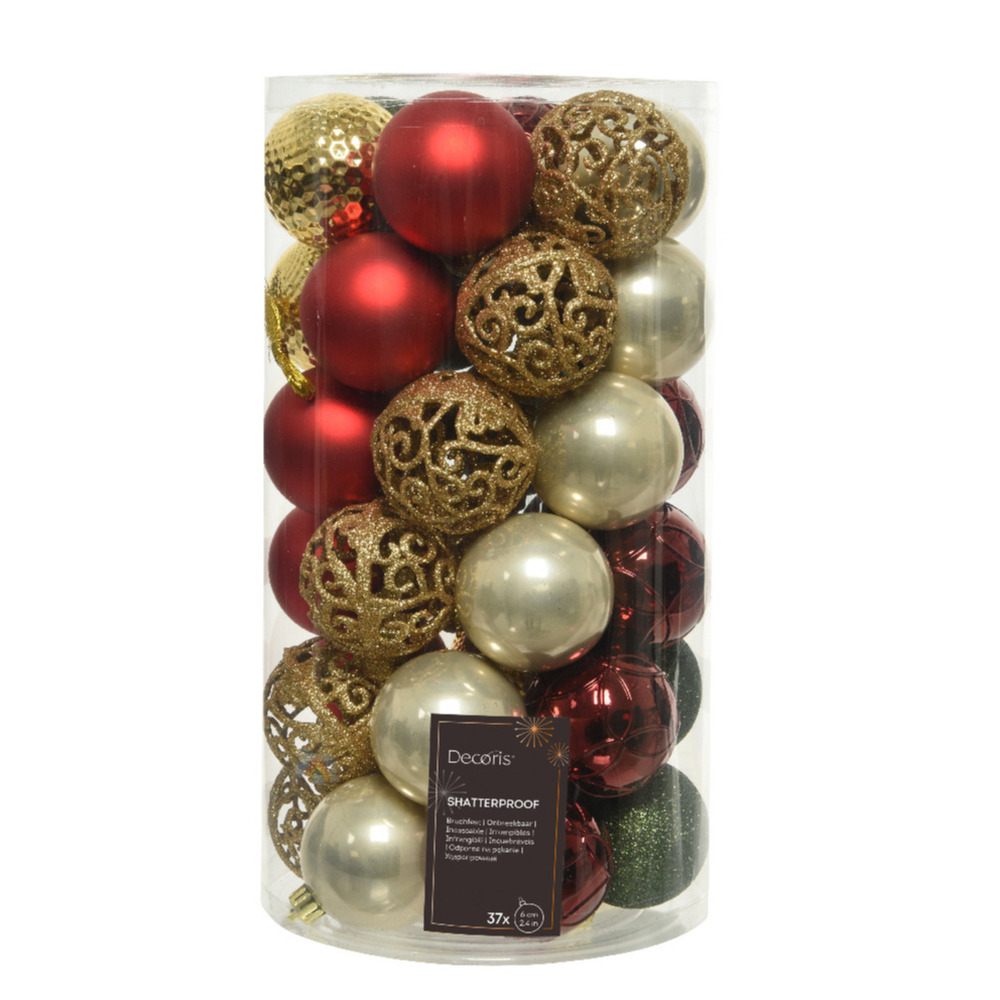 Decoris kerstballen 37x kunststof rood-goud-parel-groen 6 cm