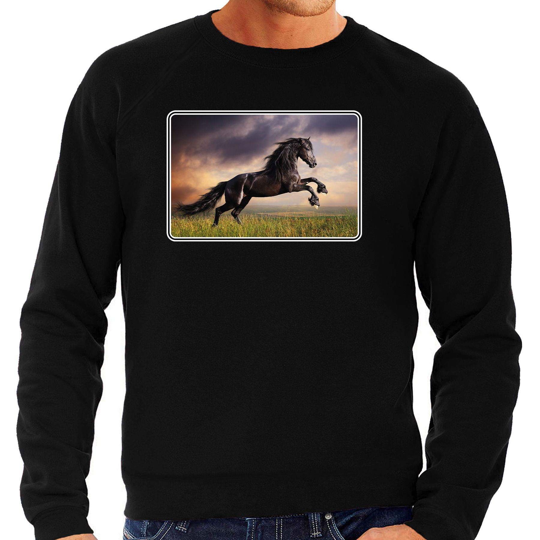 Dieren sweater / trui met paarden foto zwart voor heren