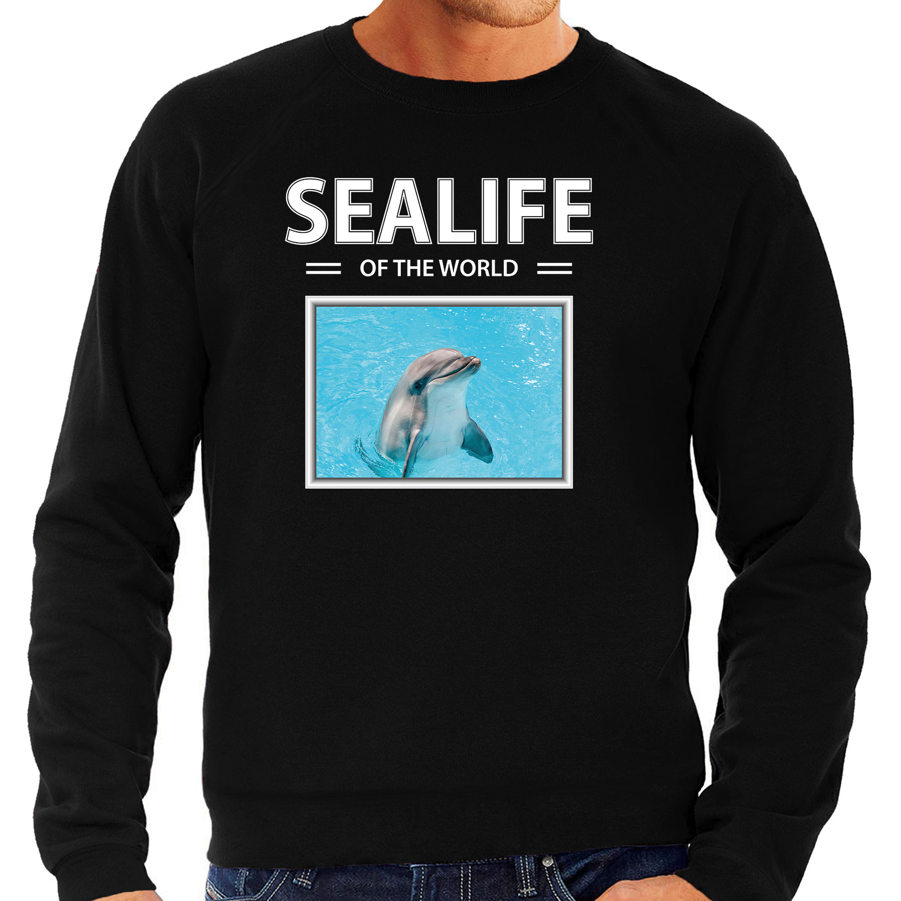 Dolfijn sweater / trui met dieren foto sealife of the world zwart voor heren
