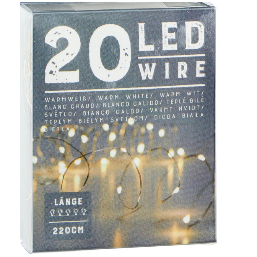 Draadverlichting lichtsnoer met 20 lampjes warm wit op batterij 220 cm