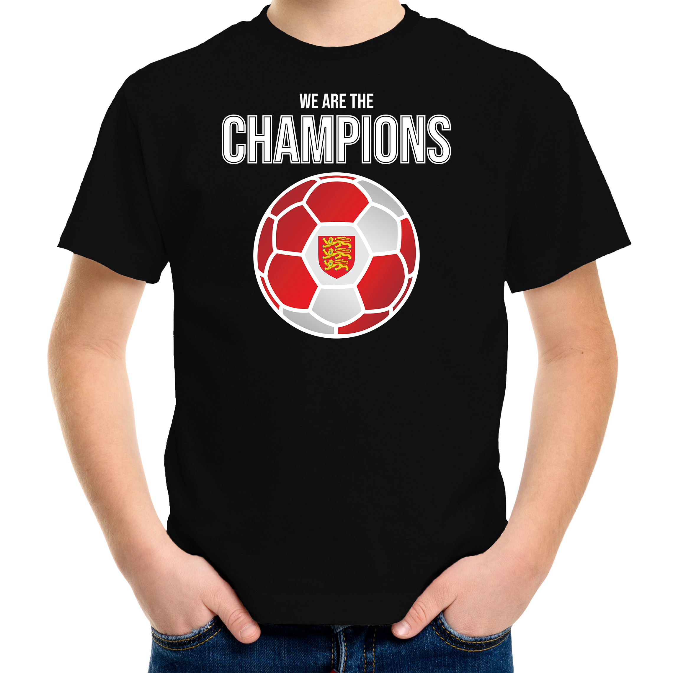 Engeland EK/ WK supporter t-shirt we are the champions met Engelse voetbal zwart kinderen
